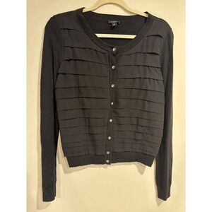 Ann Taylor Black Ruffle Front Cardigan Rhinestone Button Cashmere Silk Blend M